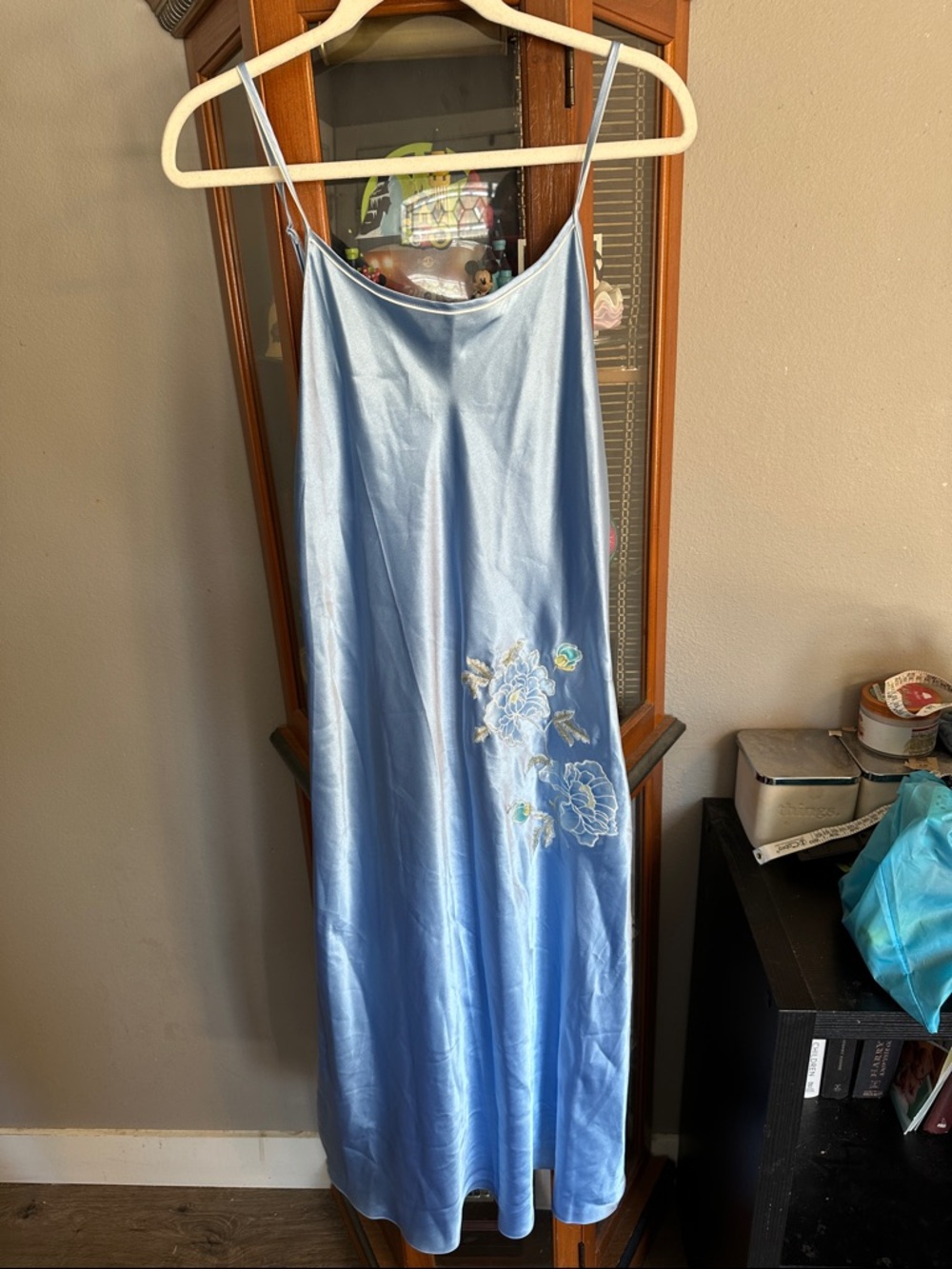 Oscar de la Renta Light Blue Satin Slip Dress with Floral Embroidery